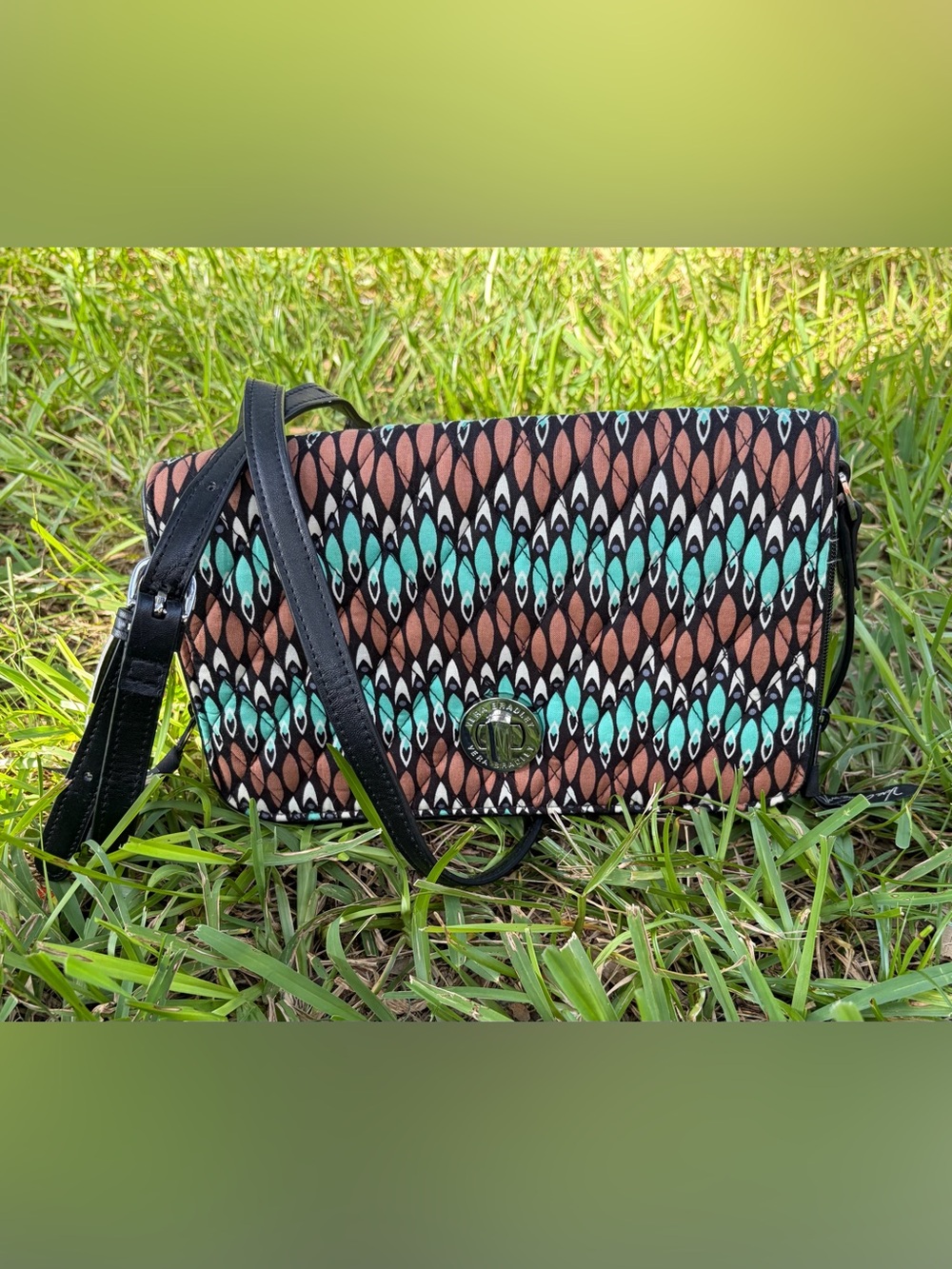 Retired Vera Bradley Brown, Teal & Black Sierra Stream Pattern Crossbody